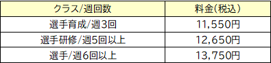 選手クラス料金