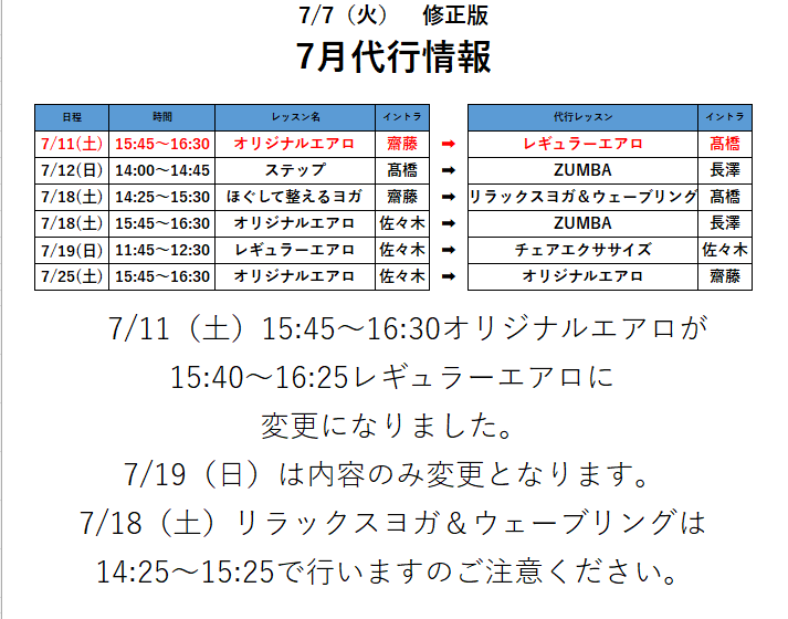 ７月代行情報のお知らせ