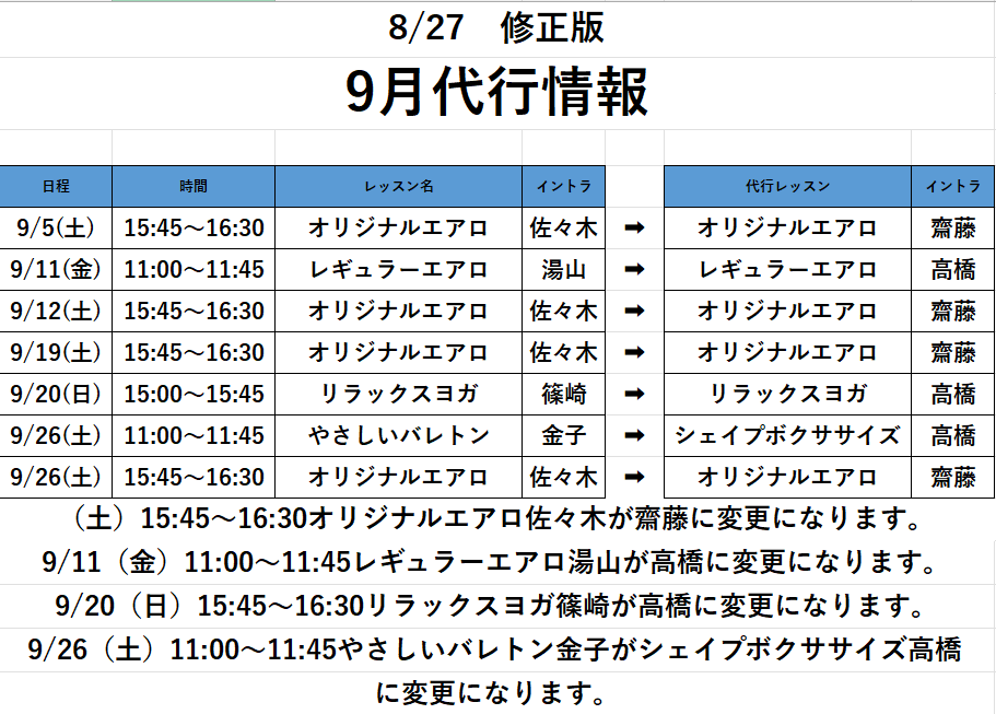 ９月代行情報