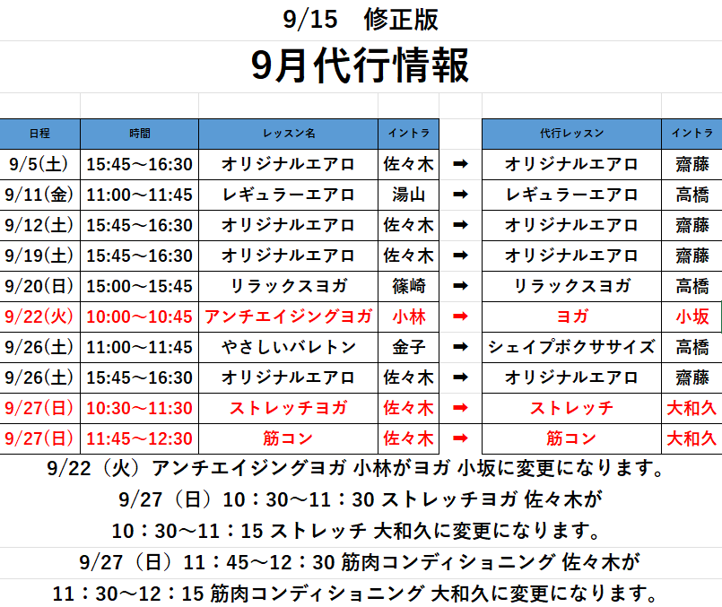 ９月代行情報